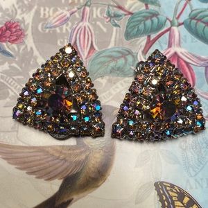 Beautiful Aurora Borealis Rhinestone Clip earrings triangle shape - 1 1/8”.